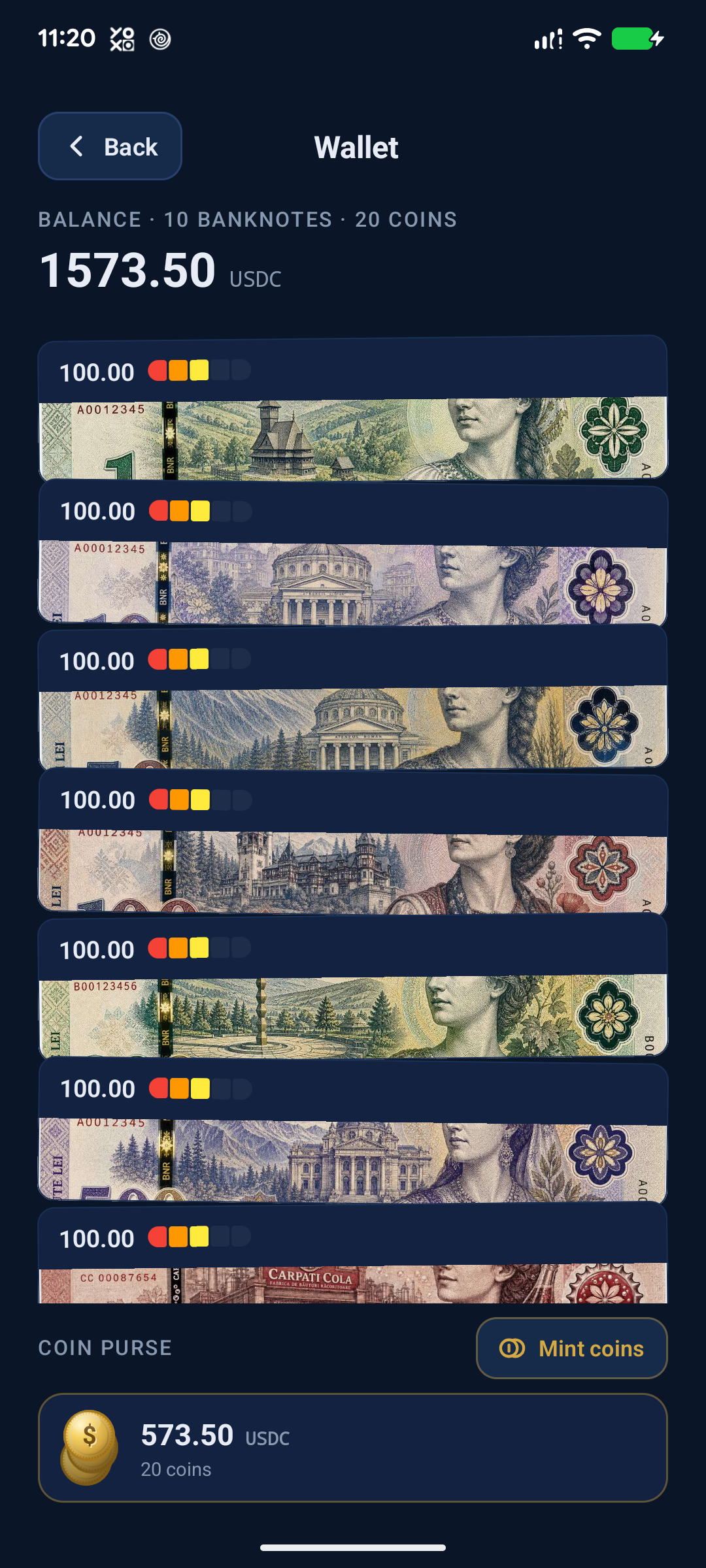 HeisenCash wallet screen on a Pixel 7a, test balance