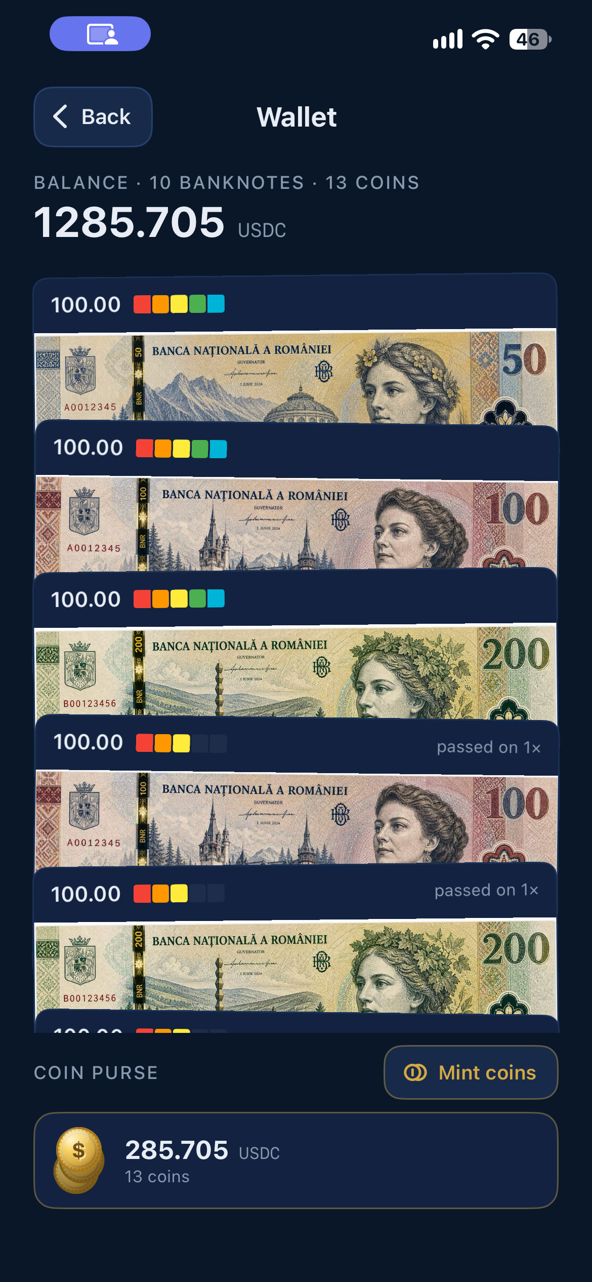 HeisenCash wallet screen on an iPhone 13 Pro, test balance